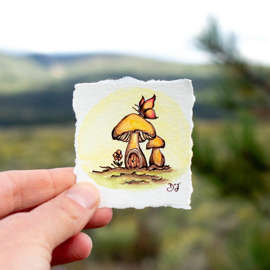 Tiny Mushroom House with Butterfly Original Illustration