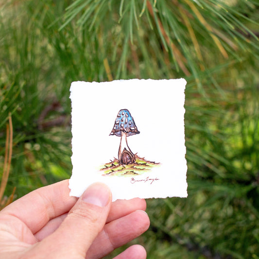 Tiny Blue Mushroom House Original Illustration