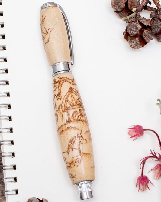 Unicorn and Cottage Natural Wood Fountain Pen, Fairytale Fountain Pen, Handmade Wood Fountain Pen