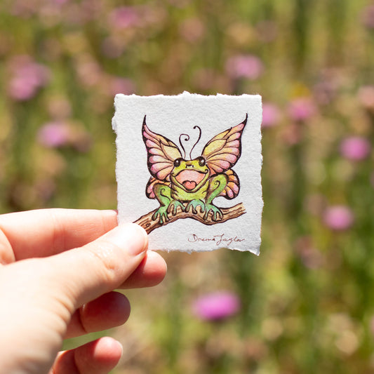 Tiny, Happy Fairy Frog on Branch Illustration