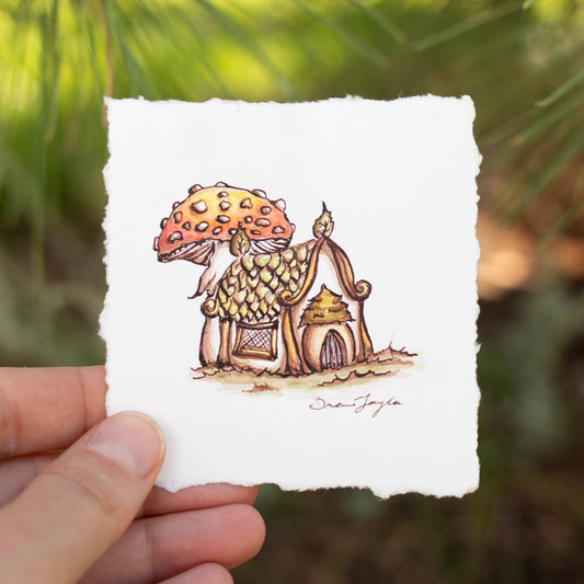 Tiny Fairy House with Acorn Door and Mushroom Original Illustration
