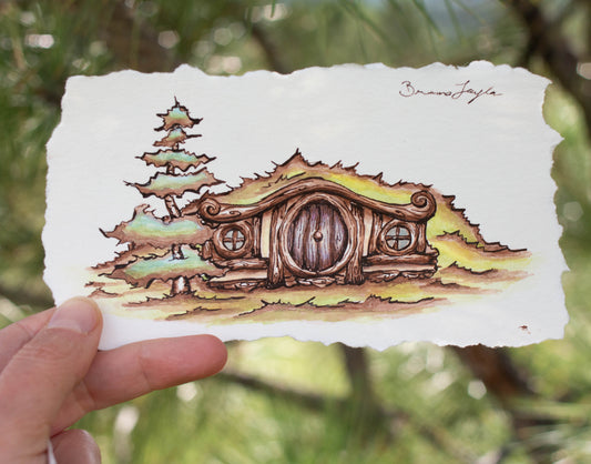 Hobbit House with Little Spruce Friend Original Illustration