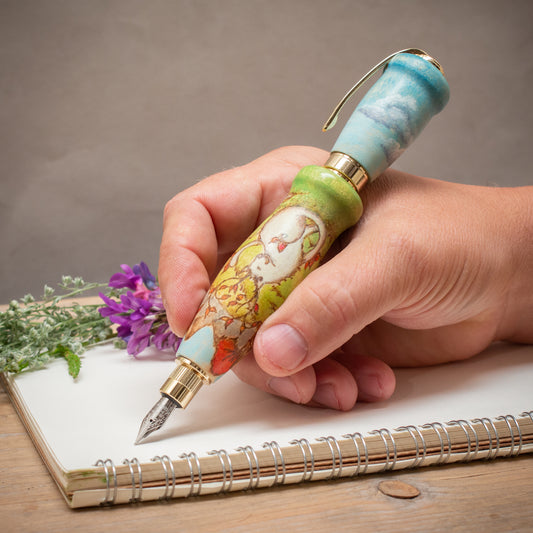 Fae Cat and Autumn Cottage Fountain Pen, Fairytale Fountain Pen, Handmade Wood Fountain Pen