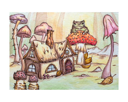 Tiny Cottage and Happy Toad in Mushroom Forest Giclee Fine Art Print